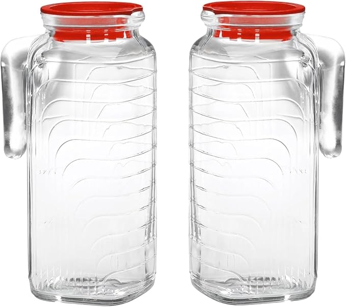 Bormioli Rocco Gelo 41 Oz Glass Pitchers with Lid - Set of 2 Carafe for Homemade Juice, Iced Tea, Milk, Cold Brew, Lemonade - Durable & Dishwasher Safe Pitcher, BPA-Free - Made in Italy (Red Lid)