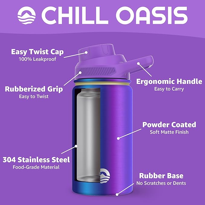 Chill Oasis Water Bottle | Compatible With Popular Flavor Cartridges | BPA Free, Leak Proof, Double-Walled Vacuum Insulated Stainless Steel, and Dishwasher Safe | Cold for 24 Hours (Aura, 12oz)