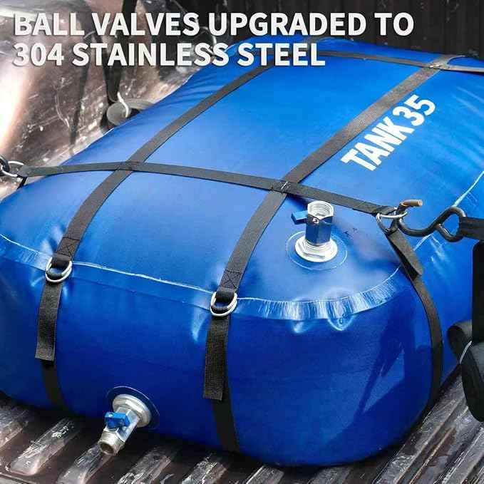 TPU Water Storage Bladder, 35 Gallon Portable RV Fresh Water Tank, Food Grade BPA Free Collapsible Flexible Container for Drinking, Camping, Irrigation & Emergency-Hurricane, Drought, Fire (3/4” GHT)