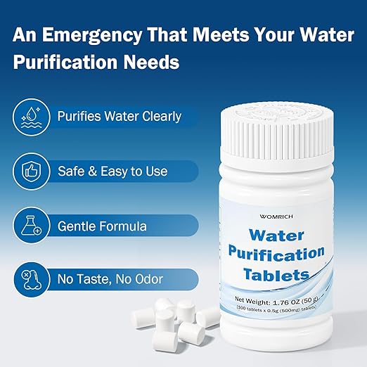 500mg Water Purification Tablets (100 Count) - Water Purifier Tablets for Emergency Water - Hiking, Camping, Survival, Backpacking, RVs - Water Purifier Treatment Tablets for Safe Drinking Anywhere