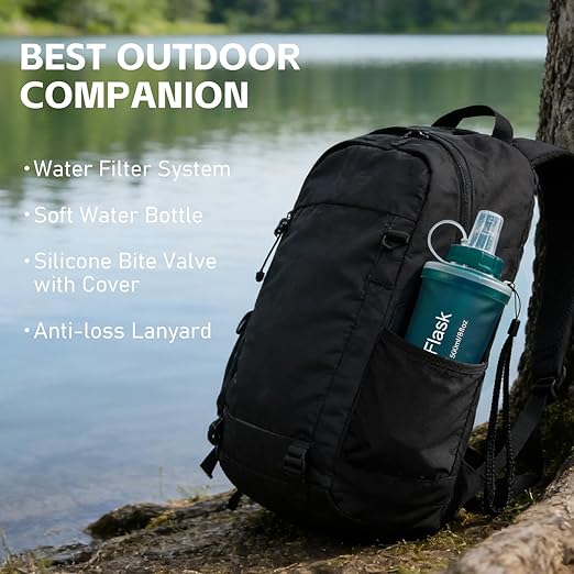 AXEN Collapsible Water Bottle with Filter System, Soft Hydration Flask for Trail Running, Camping, Hiking, Cycling, 1L Slate Green