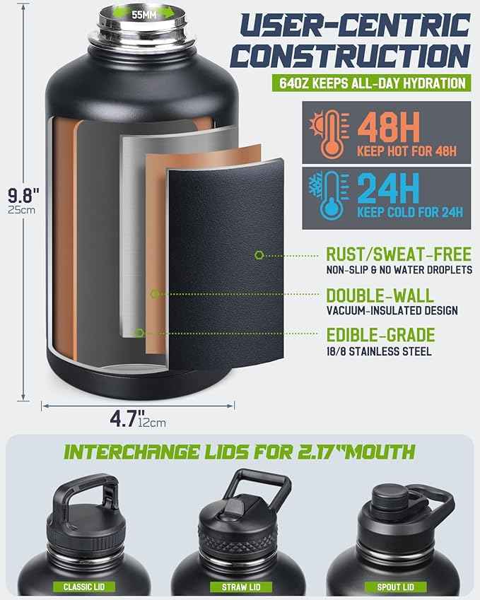 64 oz Insulated Water Bottle with Sleeve, Half Gallon Stainless Steel Tactical Water Jug Large Military Water Bottle with 3-IN-1 Pouch/3 Lids/Straw/Paracord Handle for Gym, Camping, Workout