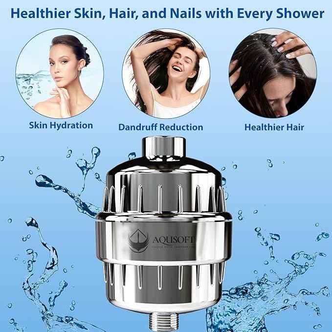 AQUSOFT 25-Stage Advanced Water Filter for Shower Head - Eliminates 99.9% Chlorine, Heavy Metals and Hard Water Impurities | Improves Skin, Reduces Eczema & Dandruff | Universal Fit Shower Head Filter