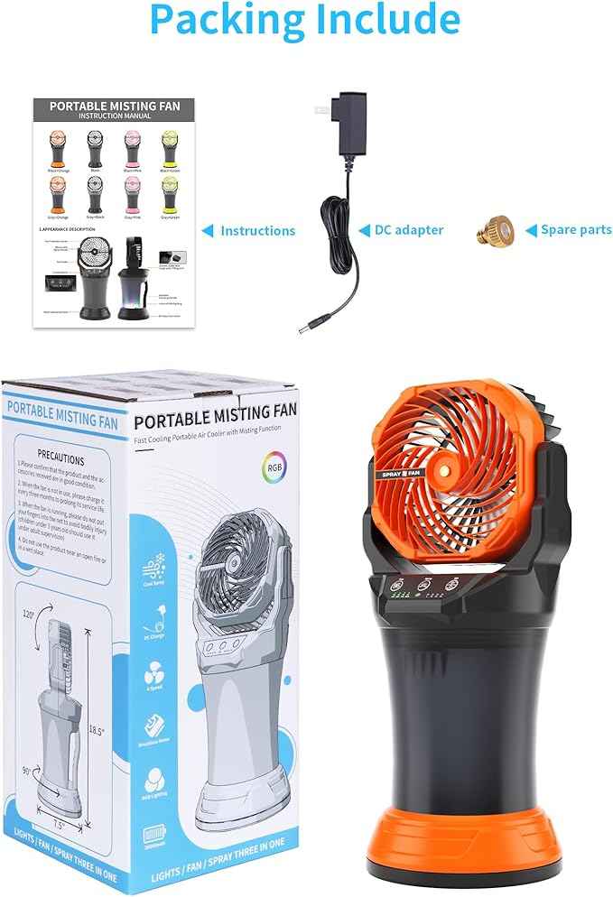 AVV Portable Misting Fan with RGB Ambient Light- 2L Water Tank, 4 Speeds & Spray Mist Fan, 30000mAh Rechargeable Misting Fans for Outdoor/Indoor Fans for Camping, Patio, Garden, Black-Orange