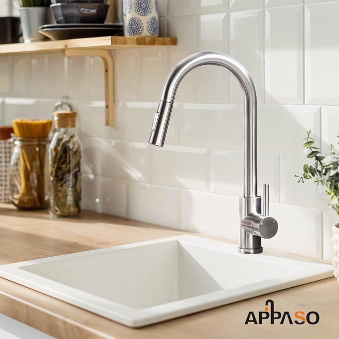 APPASO Kitchen Faucet with Soap Dispenser: Brushed Nickel S304 Stainless Steel Sink Faucets with Pull Down Sprayer 2 Modes, Modern Single Handle High Arc for Sink RV Bar, Easy to Install & No Leaking
