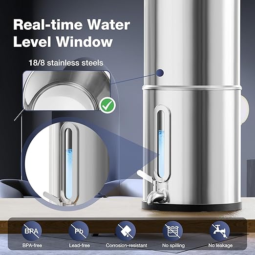 1.5G Gravity-fed Water Filter System - NSF/ANSI 42&372 Certified 18/8 Stainless Steel Countertop Water Filtration System - Water Level Window, Reduce 99.9% of Chlorine, for Camping, RVs