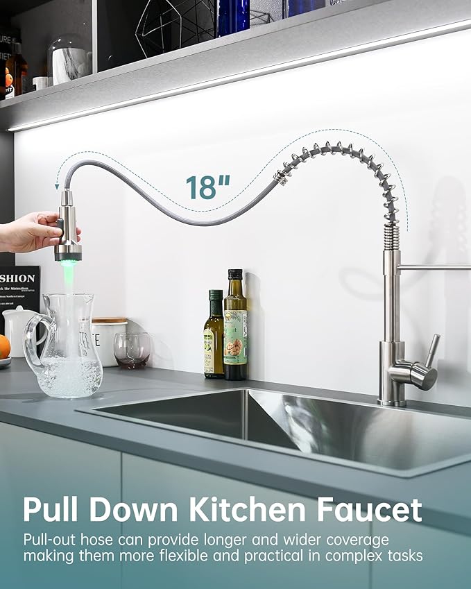 GIMILI LED Kitchen Faucet with Soap Dispenser, Modern Single Handle Spring Kitchen Sink Faucets with Pull Down Sprayer