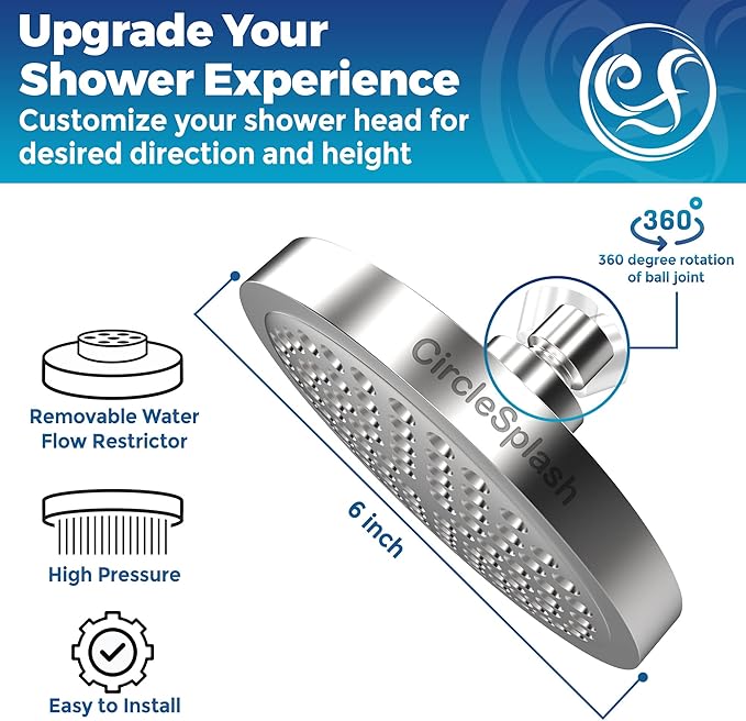High Pressure Shower Head - Anti-Clogging Silicone Nozzles - 2.5 GPM Removable Restrictor - Easy to Clean Adjustable Replacement - easy to install with Plumbers Tape - 6 inch - Classic Chrome Finish - AquaVibe