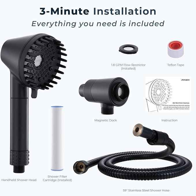 Ryamen 2026 Magnetic Filtered Shower Head with Handheld– High Pressure Showerhead with Power Wash Mode, Chlorine Removal, Massage Brush, Pressure Adjustable, One-Touch Pause & Stainless Steel Hose