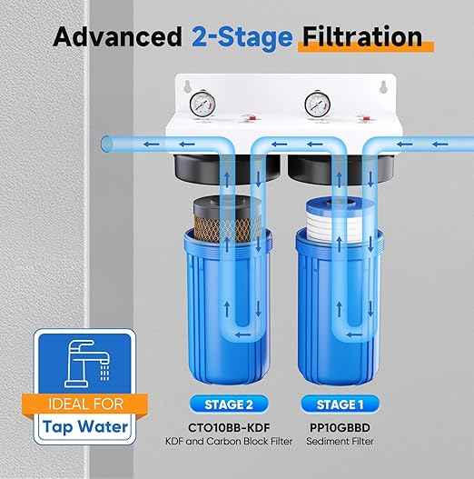 PUREPLUS 2-Stage Whole House Water Filtration System, Reduces Chlorine, Odor, Heavy Metals & Rust, 10"x4.5" Housing, 1" Inlet/Outlet, PP Grooved Sediment & KDF Carbon Filters, Pressure Gauges Included