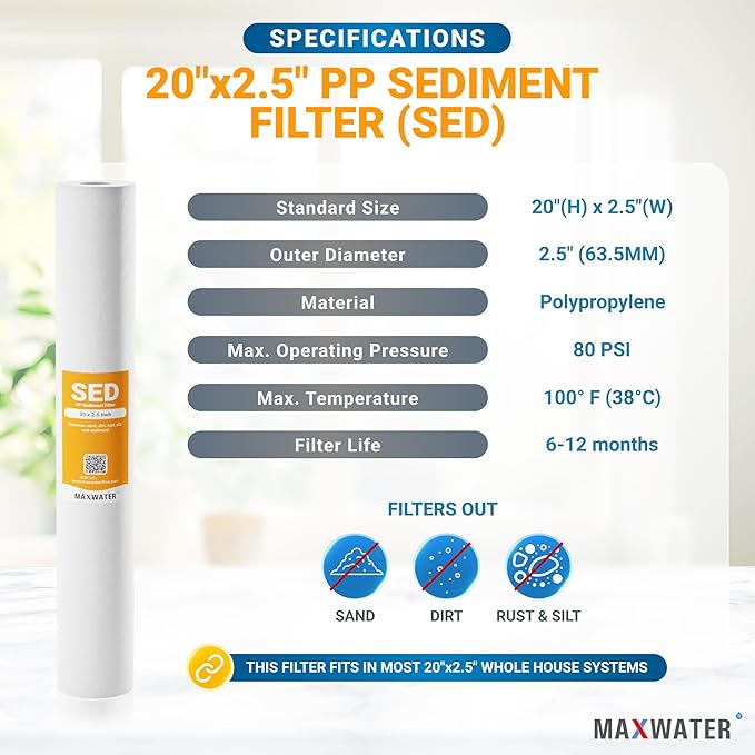 Max Water Slim Blue 5 Micron 20 inch x 2.5 inch Whole House Melt-Blown Polypropylene Sediment Water Filter Replacement Cartridge (Pack of 25)