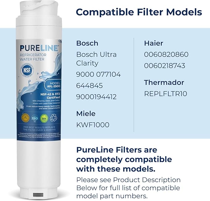 Pureline 9000 077104 UltraClarity REPLFLTR10 Water Filter Replacement for Bosch Ultra Clarity 9000194412, 644845, B26FT70SNS, B22CS80SNS, B22CS50SNS, Haier 0060820860, Miele KWF1000 (3 Pack) - AquaVibe