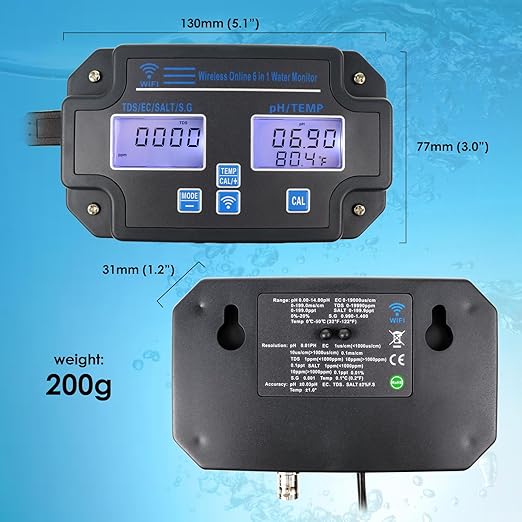 Professional 6-in-1 Water Quality Monitor Tests pH, TDS, EC, Salinity, SG, Temperature Wi-Fi Smart Sensor with App & Data Logging for Aquarium, Fish Pond, Hydroponics