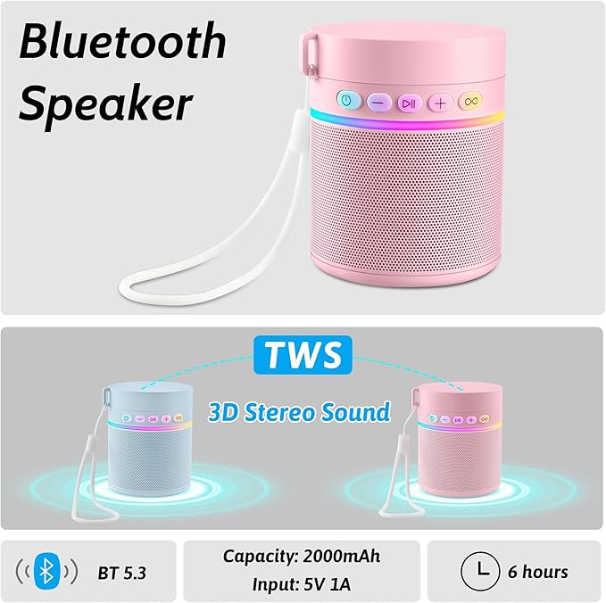 Water Bottle with Portable Bluetooth Speaker - Modular Insulated Water Bottles w/Handle, BT5.3, TWS Pairing Speaker and Stainless Steel Cups for Camping Sports Beach (Pink)