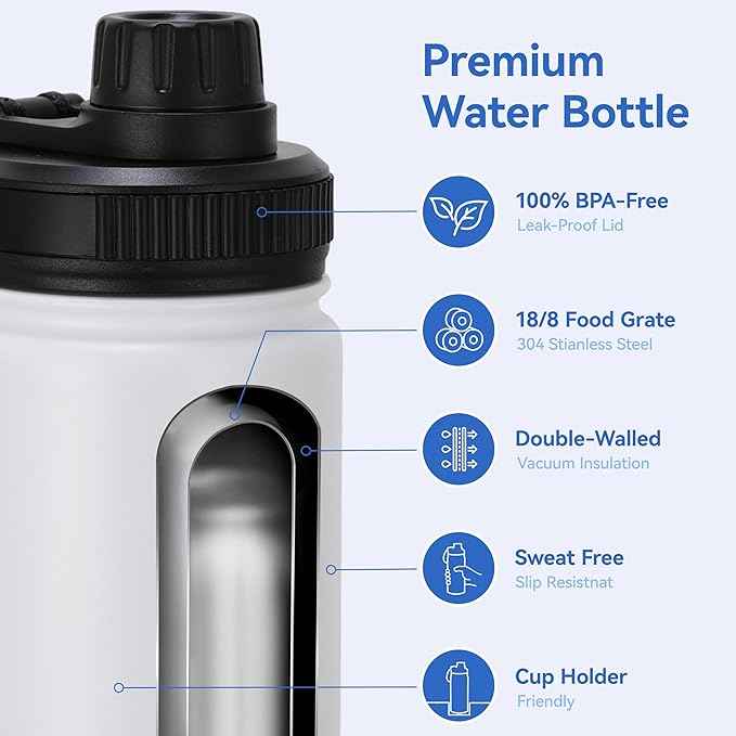 DOMICARE 16 oz Kids Water Bottle for School Stainless Steel Double Wall Vacuum Insulated Water Bottle with Straw lids & Spout Lid, Leakproof BPA Free (White,1)