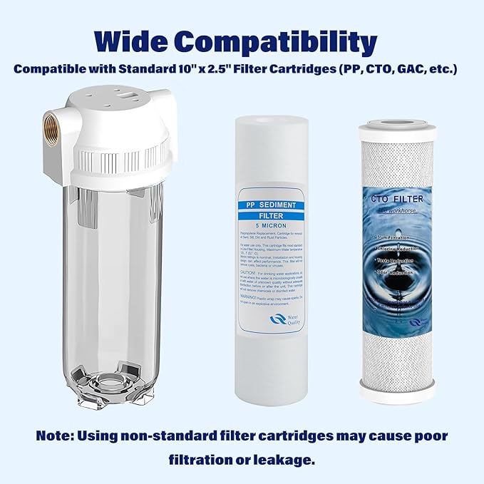 Whole House/RV Water Filter Housing Clear, 10" X 2.5" Inline Sediment Water Filter for RV, Home, Garden, Aquarium, 3/4" NPT Brass Port, R-Type O-Ring, Heavy Duty Bracket, with PP Filter - 1025CBP