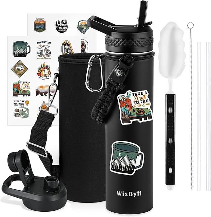 24 oz Insulated Water Bottle with Straw (Cold for 48 Hrs), Stainless Steel Triple Wall Vacuum Sports Water Jug, Leakproof Hydro Cup Flask with Paracord Handle & Straw Spout Lids & DIY Stickers