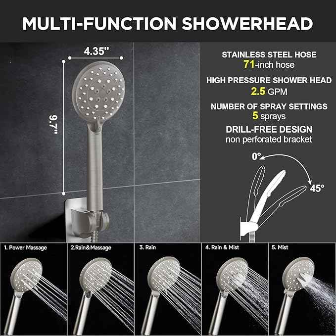 Veken 11.8" Rain Shower Head with Handheld, High Pressure Handheld Shower Heads with Multi Spray Modes,Rainfall Combo with 15" Metal Extension Arm,Detachable Dual Shower,Long 6 ft. Hose,Brushed Nickel