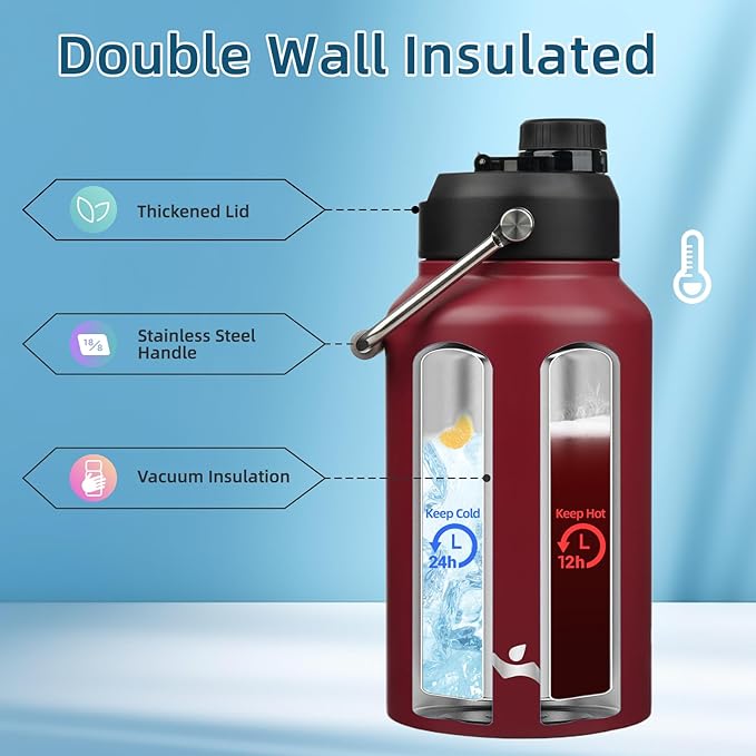 Jug with Handle,87 oz Insulated Water Bottle with Carrying Pouch, Double Wall Vacuum Stainless Steel Metal Bottle,Dark red