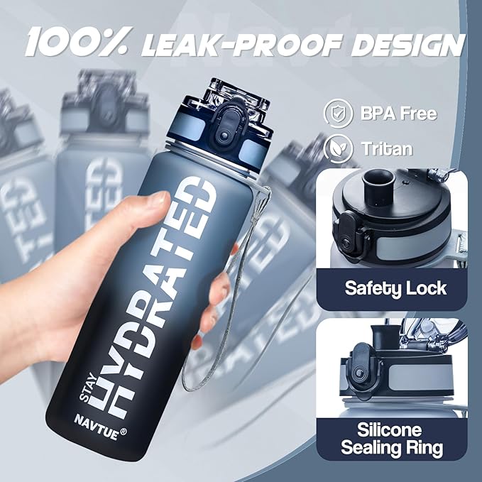 Water Bottle, 16oz Sports Water Bottles with Time Marker Wide Mouth, Motivational and Leakproof Drink Bottle, BPA Free Tritan with Carry Strap for Gym Fitness Outdoor(1 Bottle)