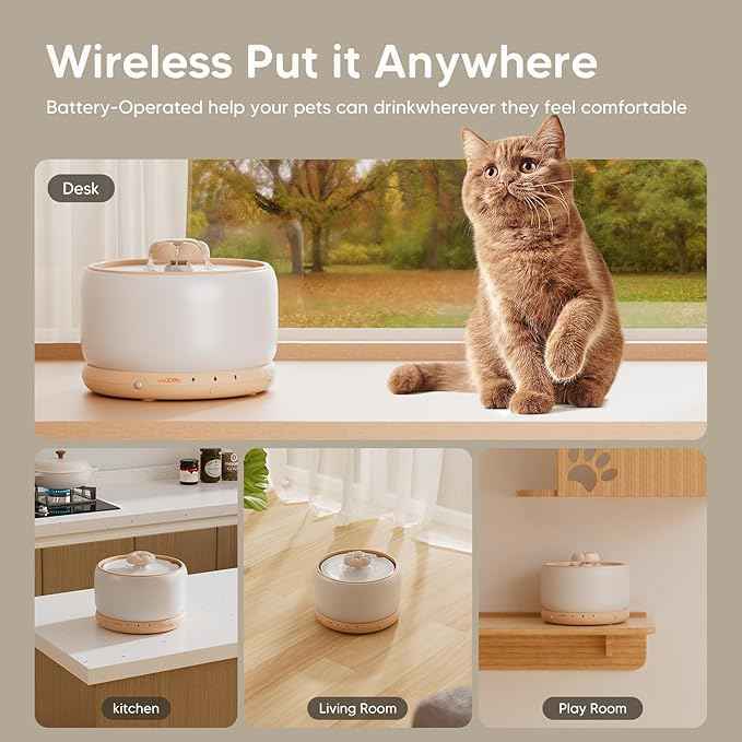 WOPET Wireless Cat Water Fountain, 3L/101oz Ceramic Automatic Pet Water Dispenser for Cats, Battery Operated Cordless Dog Water Fountain with Motion Sensor, Ultra Quiet Wireless Pump, Dishwasher Safe