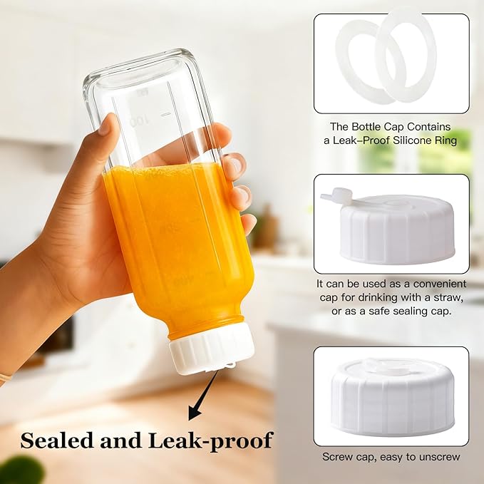 Ruckae 16oz 8 Pack Glass Juice Bottles with Hole Lids - Reusable Square Glass Juice Bottles with Leak-Proof Lid & Capacity Marks for Containers Juicing,Milk,Smoothies