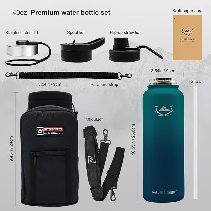 NATURE PIONEOR Insulated Water Bottles with Straw - 40oz Stainless Steel Vacuum Bottle with Holder/Carrier/Sleeve - Reusable 18/8 Food Grade 40 oz Water Jug