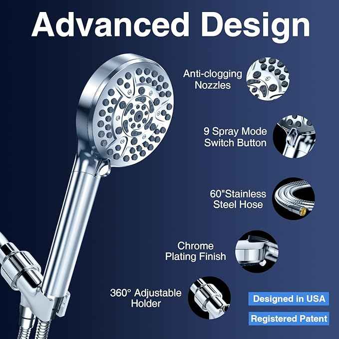 PALAS Filtered Shower Head with Handheld, High Pressure 10-Mode with Filters, Built-in Power Wash, soften hard water Remove Chlorine, Reinforced Hose, Overhead Bracket, Anti-clog nozzle (Chrome)