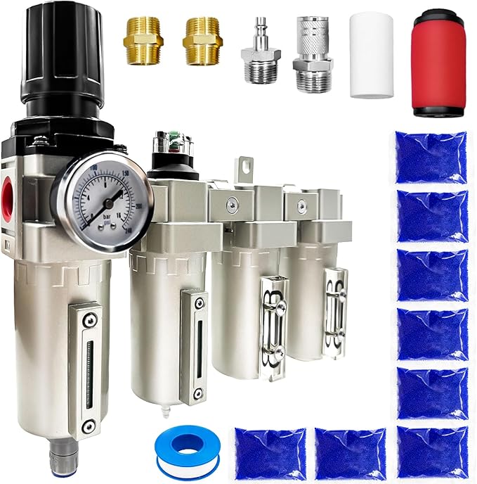 Upgraded 1/2" NPT Heavy Duty Industrial Grade 4 Stage Air Drying System, Particulate Filter, Coalescing Filter, Desiccant Dryer & Air Regulator - for Plasma Cutter, Paint Spray（Auto Drain） - AquaVibe