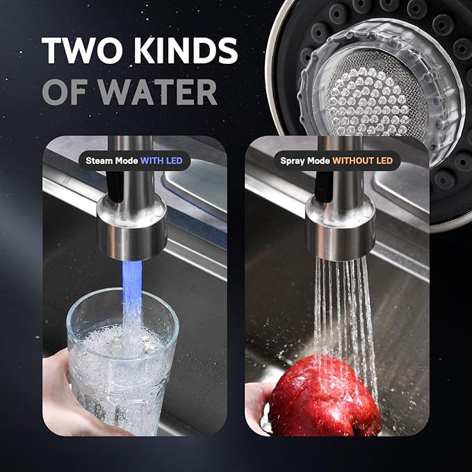 WEWE Kitchen Faucets, Brushed Nickel Kitchen Faucet with Pull Down Sprayer Spring Single Handle Stainless Steel Kitchen Sink Faucet with LED Light Deck Plate for Laundry Rv