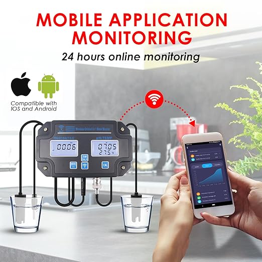 DANOPLUS Smart Water Quality Tester, 24 hrs Wireless App Monitoring of pH EC TDS Salinity SG Temperature, Mountable with Alarm Function for Aquariums & Hydroponics
