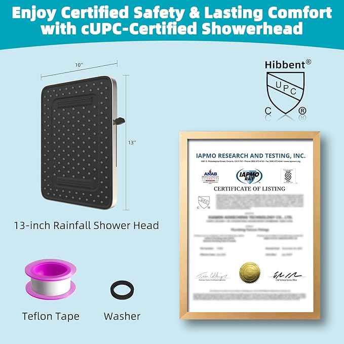 Hibbent cUPC Certified 5 Spray Modes Shower Head, 13'' High Pressure Large Rainfall Shower Head, High Flow Waterfall Bathroom Fixed Showerheads, Adjustable Swivel Ball Joint, Brushed Nickel
