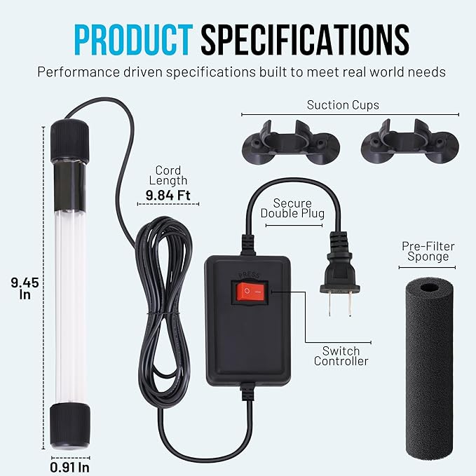 13W UV Water Sterilizer with 9.84 ft Cable for up to 300 Gallon Aquariums, Ponds & Pools - Professional UV Clarifier for Green Water Control in Koi Ponds, Fish Tanks, Spas & Cold Plunge