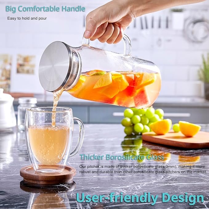 Bivvclaz 2 Pack 1.2 Liter 40 oz Small Glass Pitcher with Lid and Handle, Glass Carafe Water Pitcher for Hot/Cold Water, Iced Tea, Drinks, Coffee, Juice and Homemade Beverage
