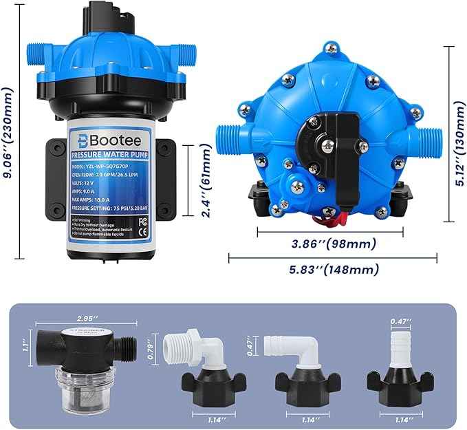 Bootee 12V RV Water Pump, 7.0 GPM 75PSI Automatic Pressure Switch, Self-Priming Fresh Water Pump for RV Marine Camping, 12 Volt DC Water Transfer Pump with Thermal Protection