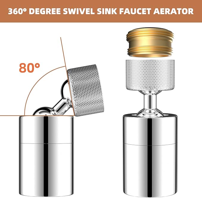 Hibbent NSF/ANSI/CAN 61 Certified Dual-function Faucet Aerator, CUPC Certification Big Angle Rotate Kitchen Sink Aerator 360 Degree Swivel Sink Sprayer Attachment-55/64 Inch Female Thread-Chrome