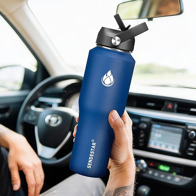 SENDESTAR Water Bottle 32oz,Wide Mouth Stainless Steel Vacuum Insulated Double Wall Keep Liquids Cold or Hot All Day,Sweat Proof Sport Design,Fit Car Cup Holder,2 Lids(Straw and Spout lid)(Cobalt)