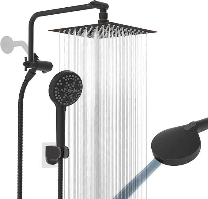 All Metal Shower Head, 8" High Pressure Rainfall/Handheld Shower Combo with 11" Extension Arm, 10-Spray Handheld Showerhead, 71" Long Hose, 3-Way Diverter Valve, Oil Rubbed Bronze