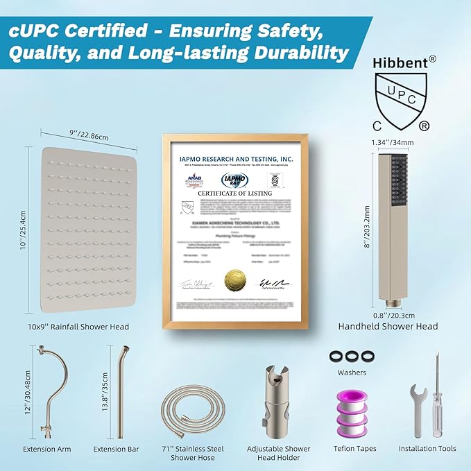 Hibbent cUPC Certified High Pressure 10'' Rainfall Shower Head, Showerhead Combo with 4-mode Handheld Spray, 12'' Adjustable Extension Arm, Extension Bar, Easy Reach Holder, 71'' Hose, Brushed Nickel