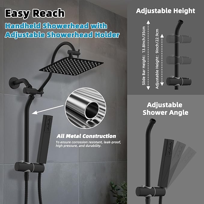 Hibbent cUPU Certified High Pressure 10'' Rainfall Shower Head, Showerhead Combo with 4-mode Handheld Spray, 12'' Adjustable Extension Arm, Extension Bar, Easy Reach Holder, 71'' Hose, Matte Black