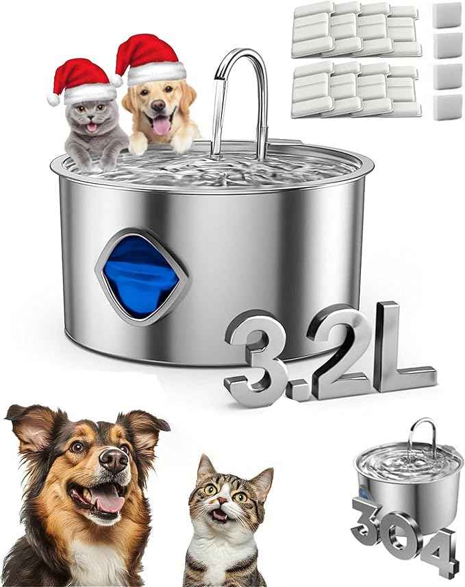 Dog Water Bowl, 108oz/3.2l Cat Fountain for Drinking - Pet Water Fountain Inside-Automatic DogWatering Dispenser Bowl, Whisper Quiet, Let Your Pet Enjoy a Healthier Life (8+4 Filter Element)