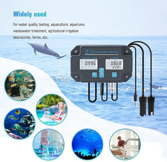 Smart Water Quality Monitor, PH EC TDS Salt Temp Data Logger Tester, Professional 6 in 1 Multi-Parameter Water Testing Meter with App Control, for Swimming Pools, Household Drinking Water
