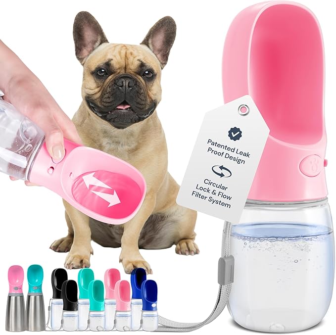 MalsiPree Dog Water Bowl Dispenser - 12 Oz, Pink - Portable Dog Water Bottle & Travel Pet Bowl - Leak Proof - AquaVibe
