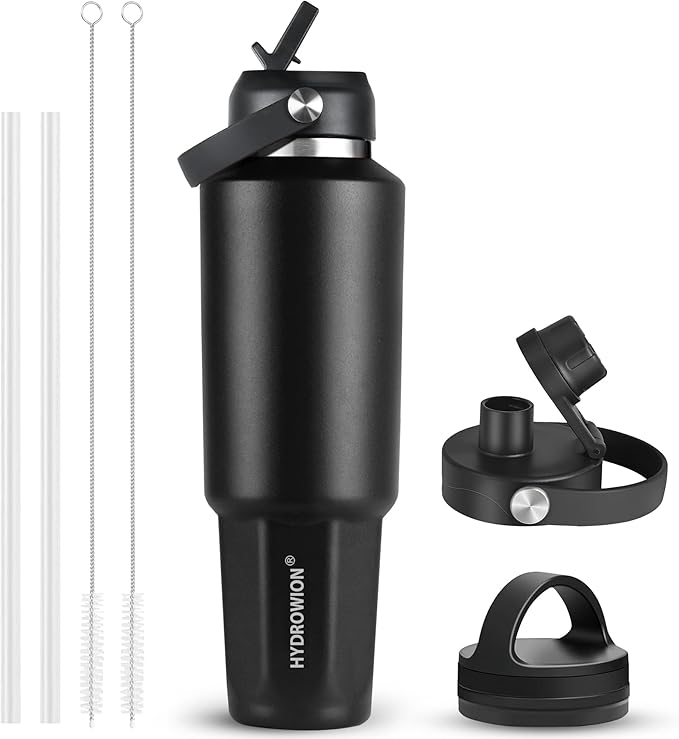 HYDROWION 32 oz Insulated Water Bottle, Car Water Bottle Holder - Double Wall Vacuum Insulated Travel Bottle with Straw Lid, Spout Lid and Flex Cap - Cold for 24H, Hot for 12H, Black