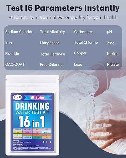 Pawfly 16 in 1 Drinking Water Test Kit, 50 Strips for Tap Water Well Swimming Pool Aquarium Spa, Home Water Quality Test Strips for pH Hardness Chlorine Lead Iron Copper Nitrate Fluoride & More