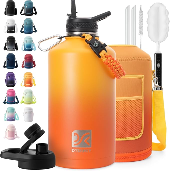 1 Gallon Water Bottle Insulated | Thickened Stainless Steel Vacuum Metal Water Jug | Portable Sports Large for Gym and Hiking with Straw, Carrier Bag, Handle Strap | BPA-Free 128 oz