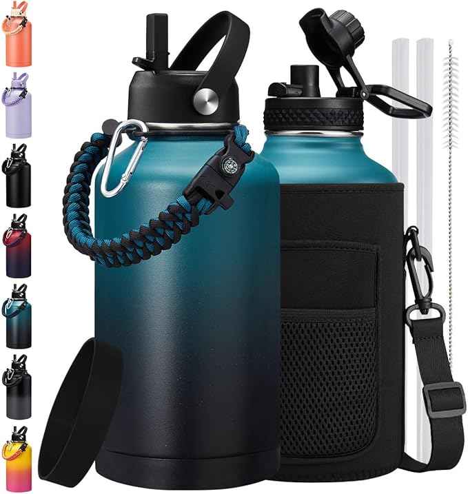 Gallon Water Bottle Insuated - Cold for 48H, 64 oz Water Bottles with Carrier Bag, Straw & Auto Chug Lid, Paracord Handle & Protective Boot, 1/2 Gallon Water Bottle Stainless Steel Water Jug