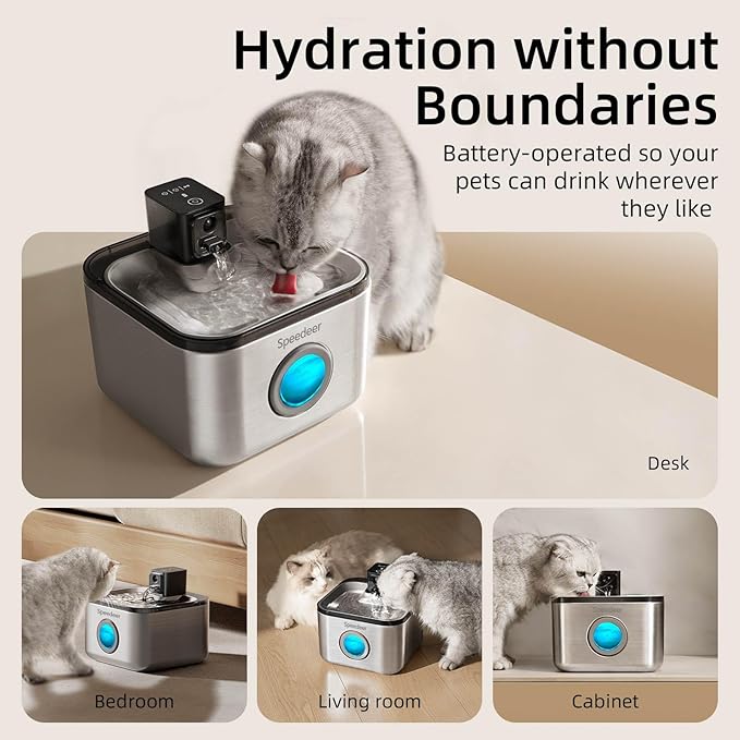 Wireless Cat Water Fountain Stainless Steel, 135oz/4L Pet Fountain Battery Operated, Cordless Running Water Dispenser for Cats & Dogs with Motion Sensor, Ultra Quiet, Multi-Filtration, 6 Filters