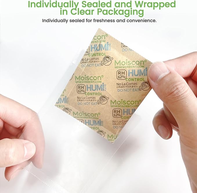 62% Size 8 Two-Way Humidity Control Packs, 120 Pack 8 Gram for Storing 1 oz, Moisture Control Packets Individually Wrapped
