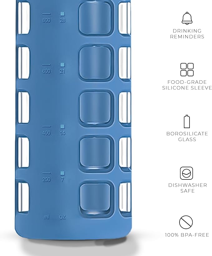 purifyou 40oz / 32oz / 22oz / 12oz Borosilicate Glass Water Bottle with Time & Volume Markers, Silicone Sleeve, Stainless Steel Lid | Reusable Glass Bottle for Water & Juice (40oz Chinese Porcelain)